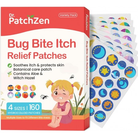 Bug Bite Itch Relief Patches for Kids & Adults, 160 Hydrocolloid Patches to Help Stop Scratching, Mess-Free After Bite Care for Mosquito Bites, Camping & Travel Essential