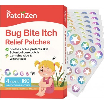 Bug Bite Itch Relief Patches, 160 Count, Natural Hydrocolloid Stickers, Fast Acting Treatment for Kids and Adults, Camping and Travel Essentials